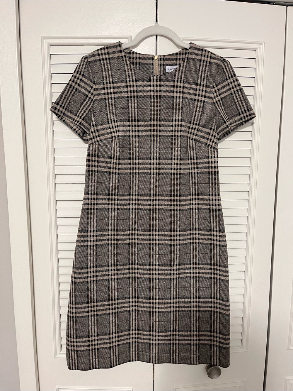 Calvin Klein Gray and Cream Plaid Midi Shift Dress